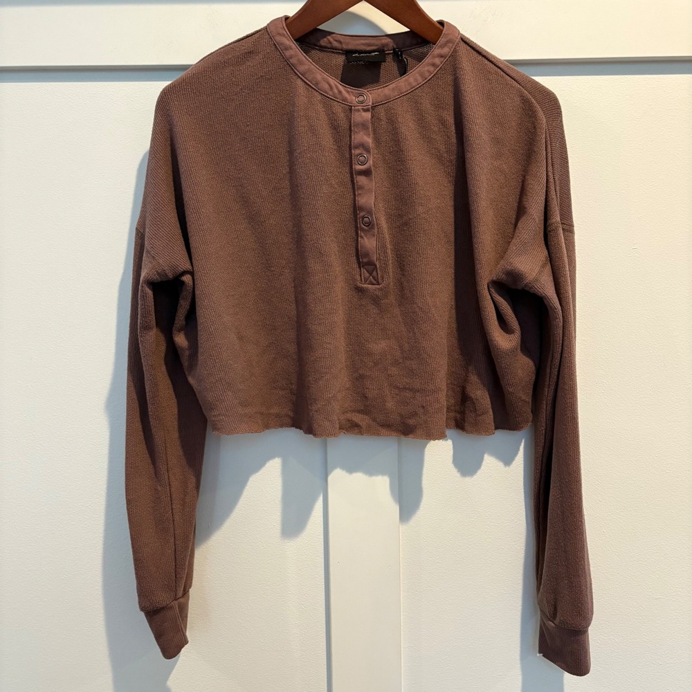 Out From Under Cropped Waffle‎ Henley Brown Long Sleeve Urban Outfitters Small